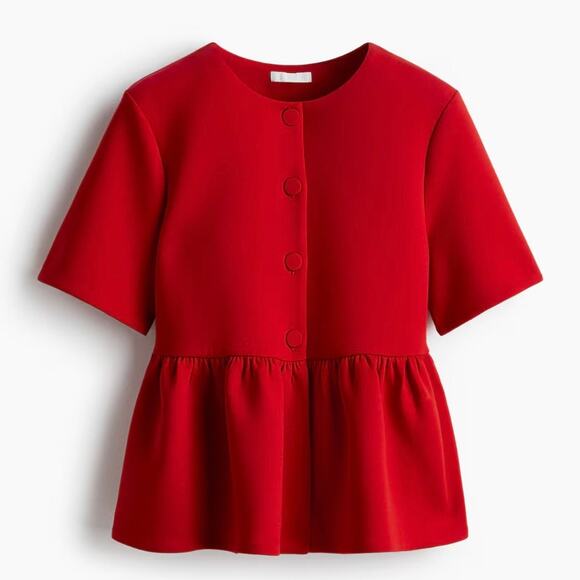 H&M | Red Scuba Peplum Button Down Babydoll Top Blouse Empire Waist | Size XL - Picture 1 of 7